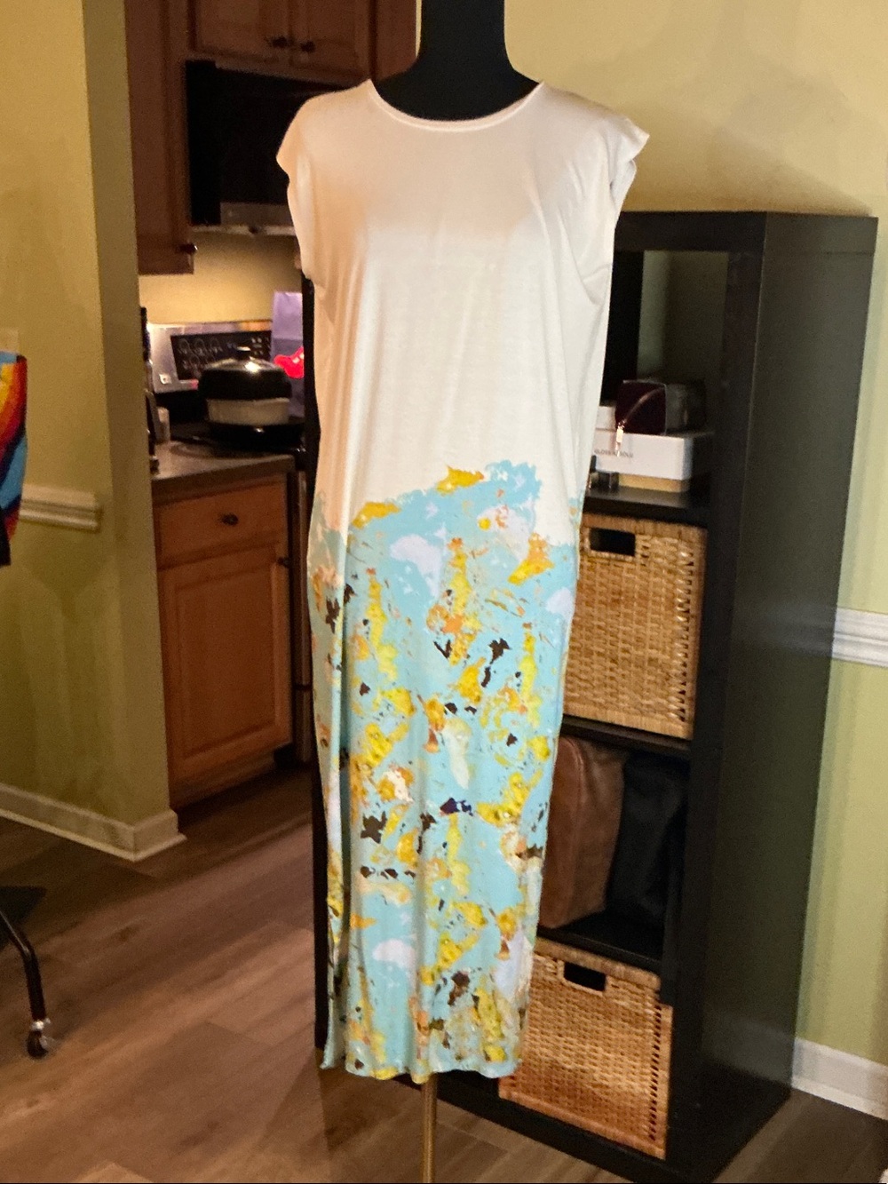 SARA C White Maxi Dress with Blue and Yellow Abstract Print